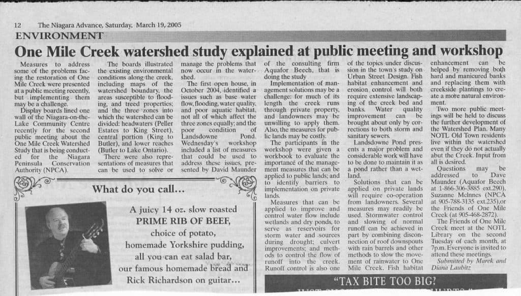 March 19, 2005: Article in Niagara Advance about One Mile Creek study