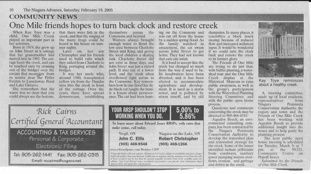Feb. 19, 2005: Article in the Niagara Advance about memories of the creek