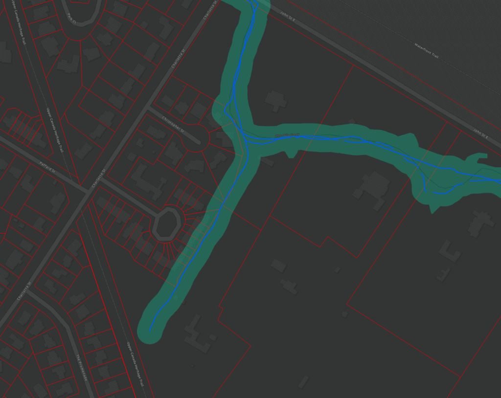 NPCA blow up of the One Mile Creek regulated tributary behind Weatherstone and Christopher streets.
