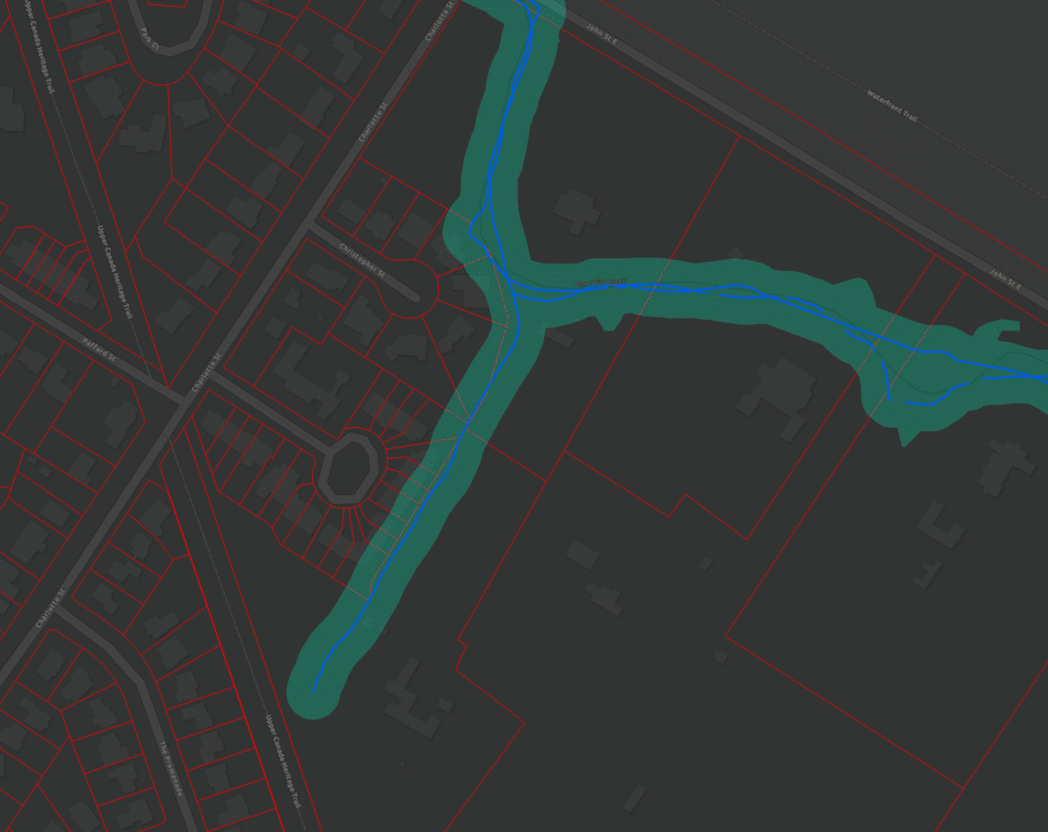 NPCA blow up of the One Mile Creek regulated tributary behind Weatherstone and Christopher streets.